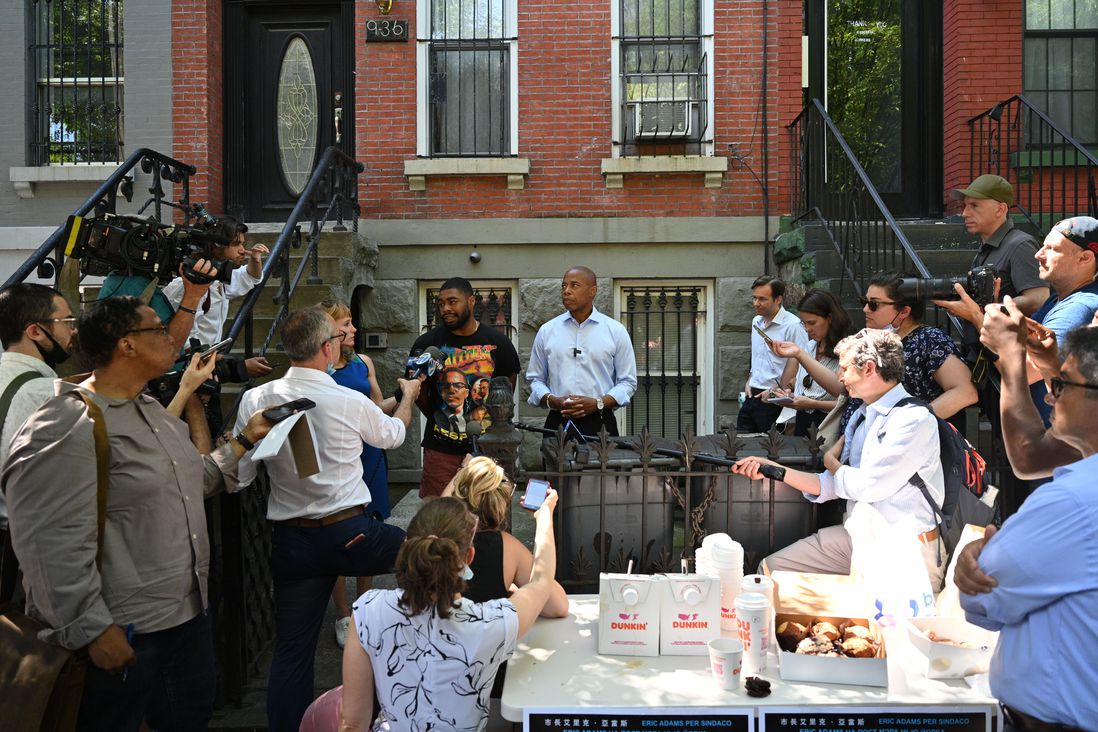 Eric Adams hosting a press visit to his home in Bed-Stuy, Brooklyn